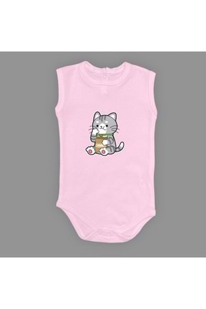 Mama Yiyen Kedi Baskılı Bebek Çıtçıtlı Body Uzun Kısa Kolsuz