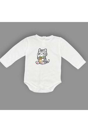 Mama Yiyen Kedi Baskılı Bebek Çıtçıtlı Body Uzun Kısa Kolsuz