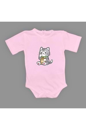 Mama Yiyen Kedi Baskılı Bebek Çıtçıtlı Body Uzun Kısa Kolsuz