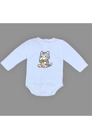 Mama Yiyen Kedi Baskılı Bebek Çıtçıtlı Body Uzun Kısa Kolsuz