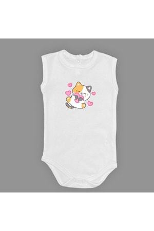 Kalpli Kedi Baskılı Bebek Çıtçıtlı Body Uzun Kısa Kolsuz