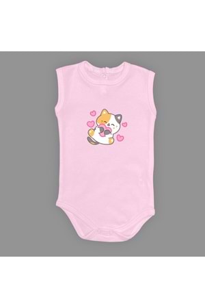 Kalpli Kedi Baskılı Bebek Çıtçıtlı Body Uzun Kısa Kolsuz
