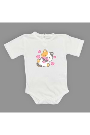 Kalpli Kedi Baskılı Bebek Çıtçıtlı Body Uzun Kısa Kolsuz