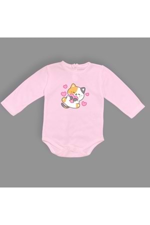 Kalpli Kedi Baskılı Bebek Çıtçıtlı Body Uzun Kısa Kolsuz