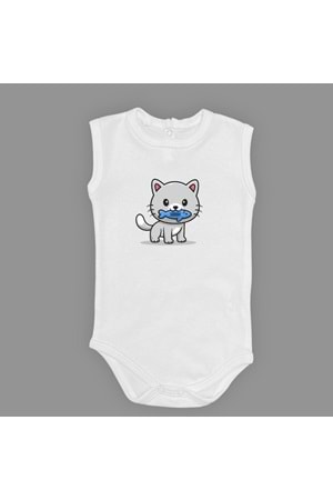 Balıklı Kedi Baskılı Bebek Çıtçıtlı Body Uzun Kısa Kolsuz