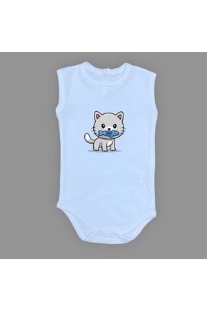 Balıklı Kedi Baskılı Bebek Çıtçıtlı Body Uzun Kısa Kolsuz