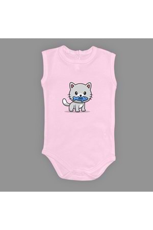 Balıklı Kedi Baskılı Bebek Çıtçıtlı Body Uzun Kısa Kolsuz