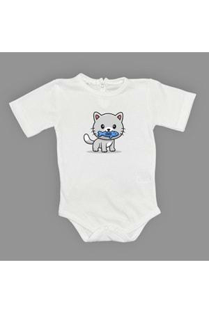 Balıklı Kedi Baskılı Bebek Çıtçıtlı Body Uzun Kısa Kolsuz