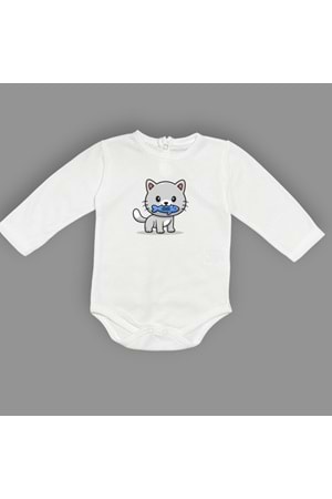 Balıklı Kedi Baskılı Bebek Çıtçıtlı Body Uzun Kısa Kolsuz