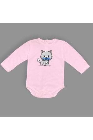 Balıklı Kedi Baskılı Bebek Çıtçıtlı Body Uzun Kısa Kolsuz