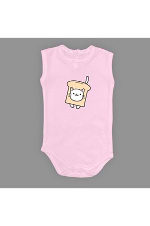 Ekmek Kedi Baskılı Bebek Çıtçıtlı Body Uzun Kısa Kolsuz
