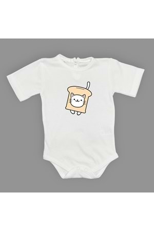 Ekmek Kedi Baskılı Bebek Çıtçıtlı Body Uzun Kısa Kolsuz