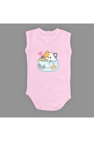 Akvaryum Kedi Baskılı Bebek Çıtçıtlı Body Uzun Kısa Kolsuz