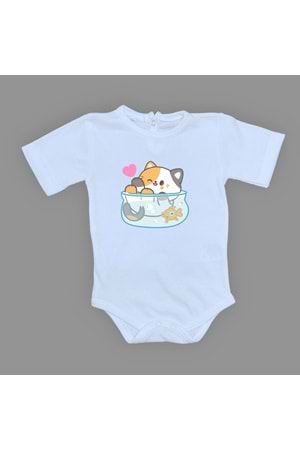 Akvaryum Kedi Baskılı Bebek Çıtçıtlı Body Uzun Kısa Kolsuz