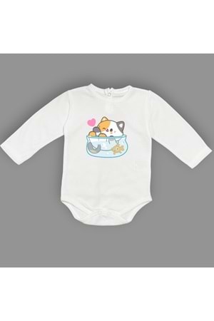 Akvaryum Kedi Baskılı Bebek Çıtçıtlı Body Uzun Kısa Kolsuz