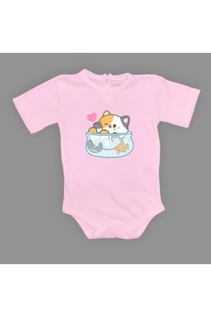 Akvaryum Kedi Baskılı Bebek Çıtçıtlı Body Uzun Kısa Kolsuz