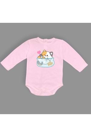 Akvaryum Kedi Baskılı Bebek Çıtçıtlı Body Uzun Kısa Kolsuz
