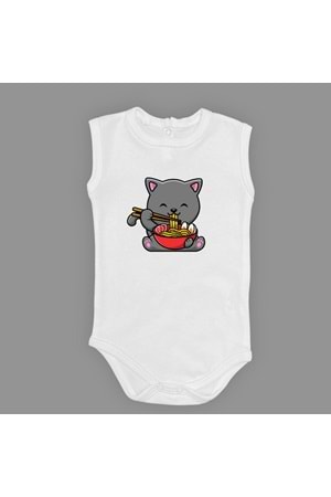 Yemek Yiyen Kedi Baskılı Bebek Çıtçıtlı Body Uzun Kısa Kolsuz