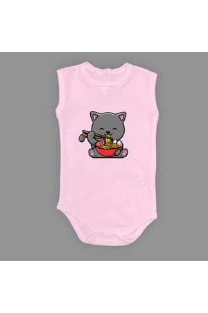 Yemek Yiyen Kedi Baskılı Bebek Çıtçıtlı Body Uzun Kısa Kolsuz