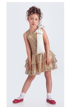 Yaka Fiyonk Pul Payet Kumaşlı Kız Çocuk Abiye Elbise M00702