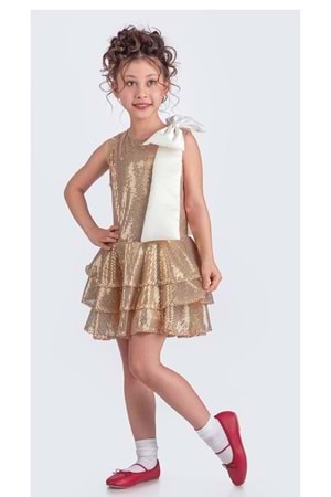 Yaka Fiyonk Pul Payet Kumaşlı Kız Çocuk Abiye Elbise M00702