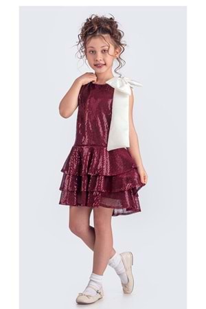 Yaka Fiyonk Pul Payet Kumaşlı Kız Çocuk Abiye Elbise M00702