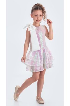 Yaka Fiyonk Pul Payet Kumaşlı Kız Çocuk Abiye Elbise M00702