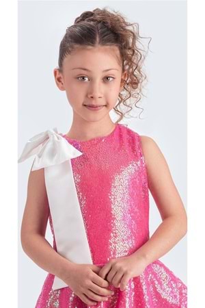 Yaka Fiyonk Pul Payet Kumaşlı Kız Çocuk Abiye Elbise M00702