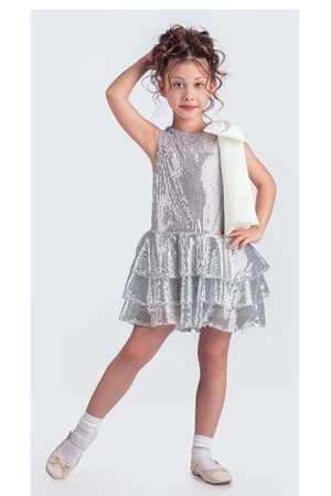 Yaka Fiyonk Pul Payet Kumaşlı Kız Çocuk Abiye Elbise M00702