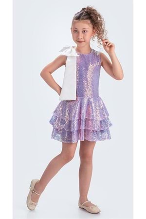 Yaka Fiyonk Pul Payet Kumaşlı Kız Çocuk Abiye Elbise M00702