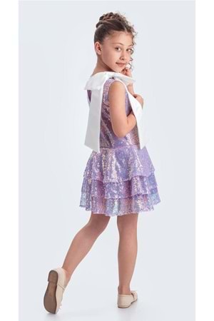 Yaka Fiyonk Pul Payet Kumaşlı Kız Çocuk Abiye Elbise M00702