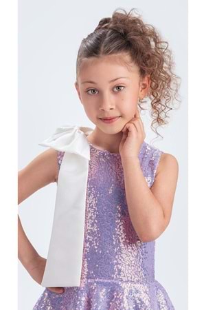 Yaka Fiyonk Pul Payet Kumaşlı Kız Çocuk Abiye Elbise M00702