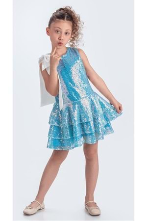 Yaka Fiyonk Pul Payet Kumaşlı Kız Çocuk Abiye Elbise M00702