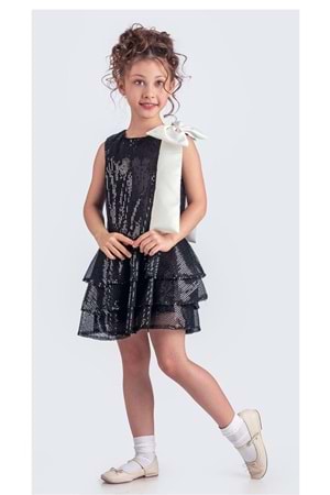 Yaka Fiyonk Pul Payet Kumaşlı Kız Çocuk Abiye Elbise M00702
