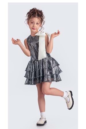 Yaka Fiyonk Pul Payet Kumaşlı Kız Çocuk Abiye Elbise M00702