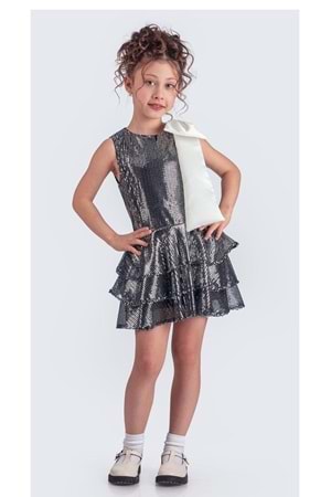 Yaka Fiyonk Pul Payet Kumaşlı Kız Çocuk Abiye Elbise M00702