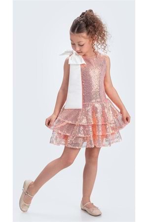 Yaka Fiyonk Pul Payet Kumaşlı Kız Çocuk Abiye Elbise M00702