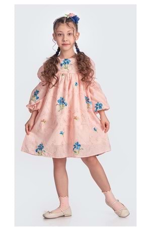 Otantik Akdeniz Çiçek NakışKız Çocuk Müslin Elbise M00706