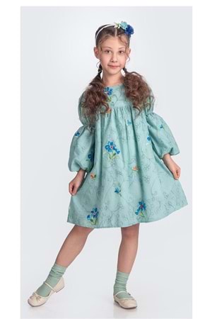 Otantik Akdeniz Çiçek NakışKız Çocuk Müslin Elbise M00706