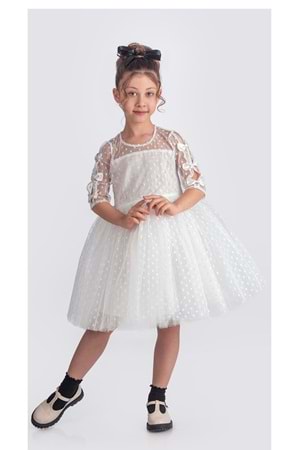 Dantel Puanlı, Uzun Kol Prenses Kız Çocuk Elbise M00707