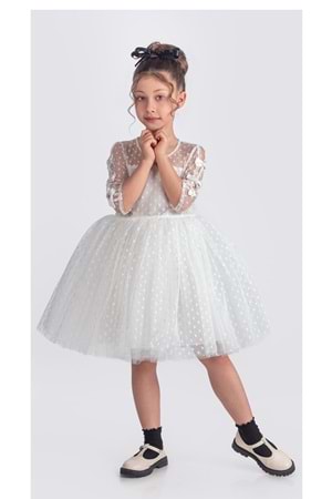 Dantel Puanlı, Uzun Kol Prenses Kız Çocuk Elbise M00707