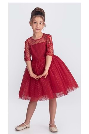 Dantel Puanlı, Uzun Kol Prenses Kız Çocuk Elbise M00707