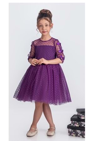 Dantel Puanlı, Uzun Kol Prenses Kız Çocuk Elbise M00707