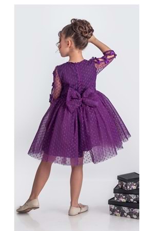 Dantel Puanlı, Uzun Kol Prenses Kız Çocuk Elbise M00707