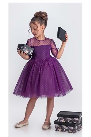 Dantel Puanlı, Uzun Kol Prenses Kız Çocuk Elbise M00707