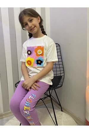 Kız Çocuk 3D Çiçek Motifli Yazlık Taytlı Badi Takım M00713