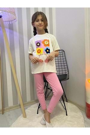 Kız Çocuk 3D Çiçek Motifli Yazlık Taytlı Badi Takım M00713