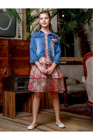 Kız Çocuk Baskılı Dantel Elbise Ceket Takımı M00718