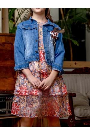 Kız Çocuk Baskılı Dantel Elbise Ceket Takımı M00718