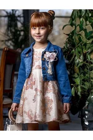 Çiçek Motif Kot Ceketli Kız Elbise M00721
